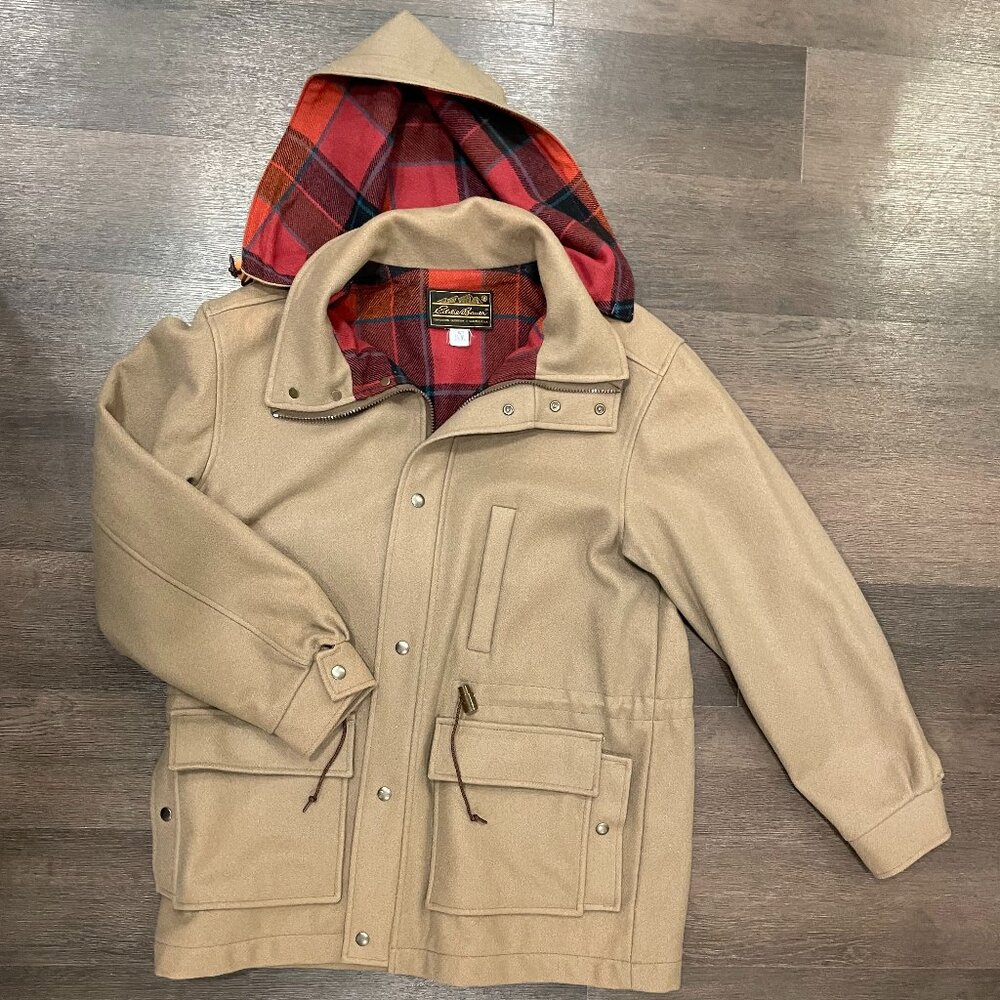 Vintage Eddie Bauer Wool Coat with Removable Hood, Beige, L/XL